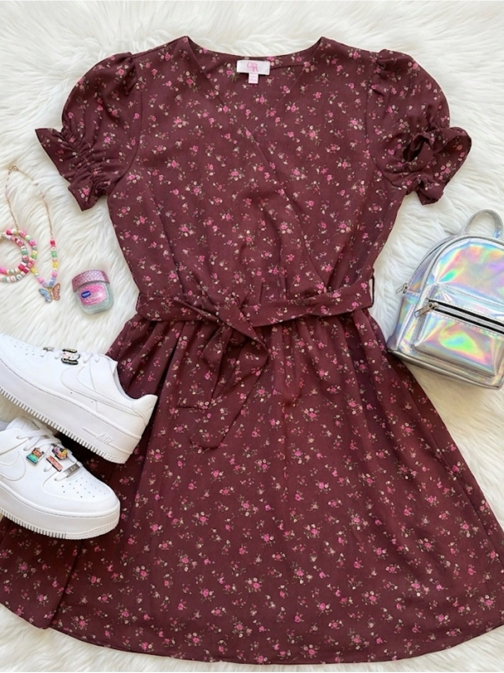 Burgundy Floral Belted Faux Wrap Puff Sleeve Mini Dress